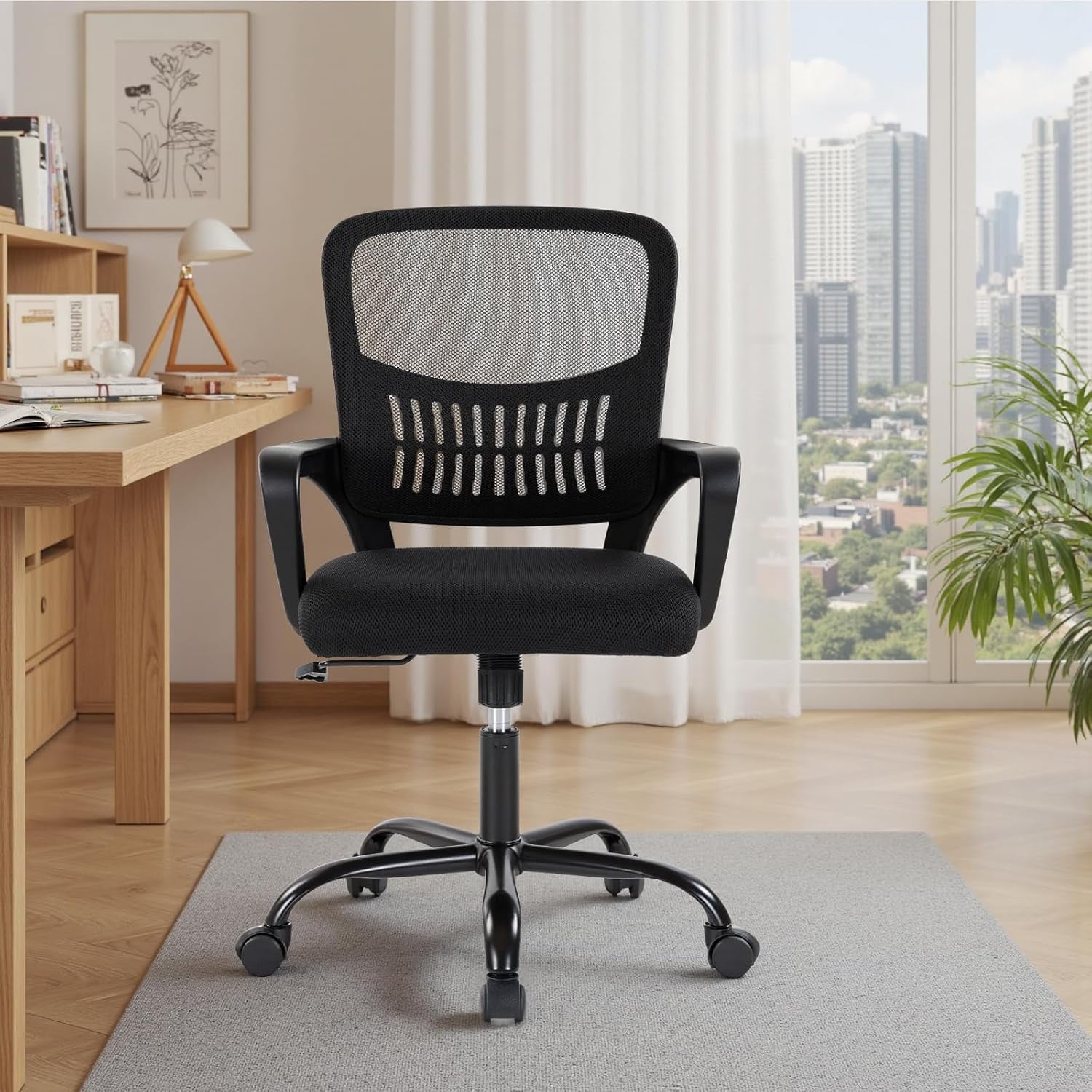 Home Office Computer Chair - Ergonomic Mid Back Desk with Lumbar Support and Rocking Mode, Height Adjustable with Fixed Armrest, for Conference Meeting Room, 360° Swivel, Adults, Black