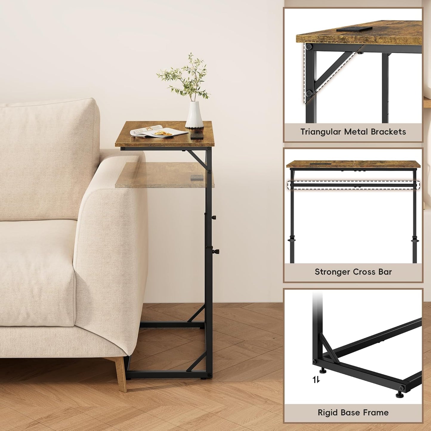 C Shaped End Table with Charging Station, Large C-Table End Table Adjustable Height Side Table for Couch, Couch Table Slide under Sofa Table TV Tray Table for Sofa, Living Room, Bedroom,Brown