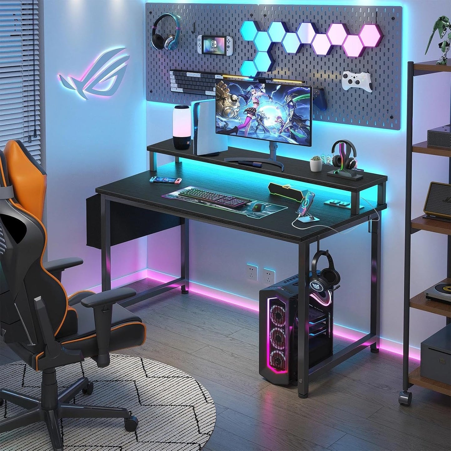 Small Desk with Power Outlets and LED Lights, 32 Inch Teen Writing Study Table Home Office Computer Desks with Monitor Stand, Gaming Desk with Charging Station, Black
