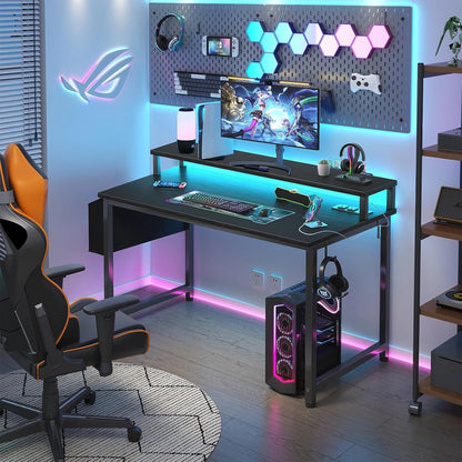 Small Desk with Power Outlets and LED Lights, 32 Inch Teen Writing Study Table Home Office Computer Desks with Monitor Stand, Gaming Desk with Charging Station, Black