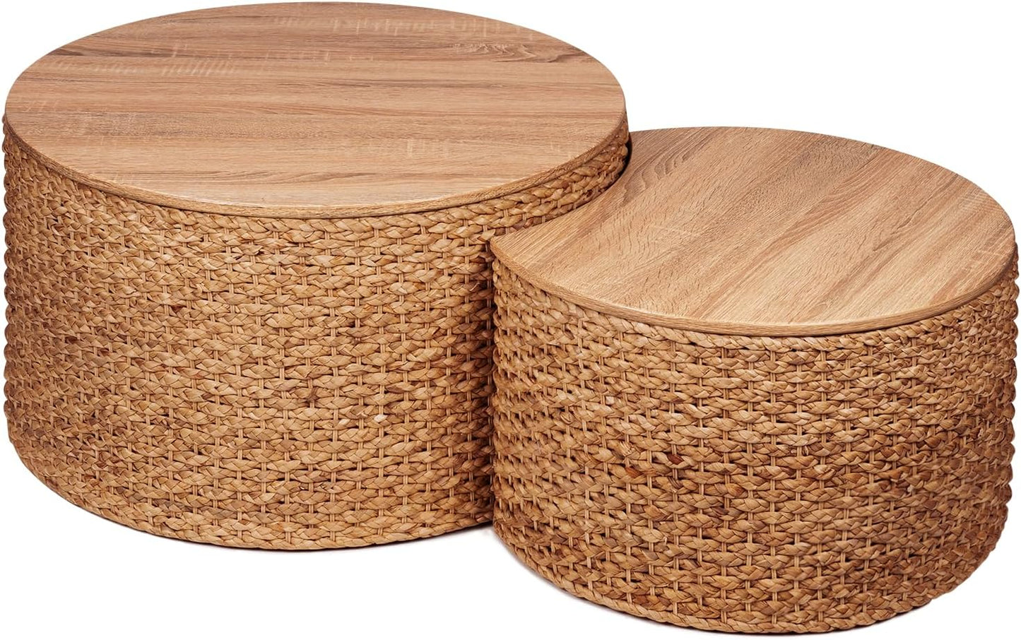 Round Nesting Coffee Table Set of 2 with Storage - Handwoven Wicker Rattan Ottoman Style, Boho Coastal Coffee Tables for Living Room, Rattan Coffee Table with Cover & Soild Wood Frame