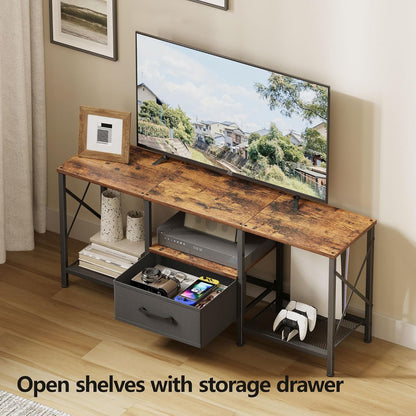 TV Stand with Fabric Drawer, Entertainment Center for 50 55 Inch TV, Industrial TV Console Table with Open Storage Shelves for Living Room, Bedroom, Rustic Brown