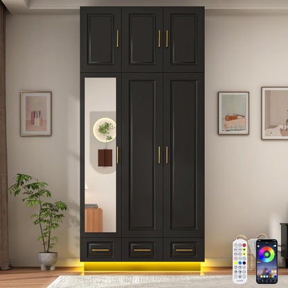 Large Armoire Wardrobe Closet Cabinet with Drawers and LED Lights, Multi-Tier Shelves, Hanging Rod, Large Capacity Storage 3 Door Wardrobe Armoire with Top Cabinet for Bedroom, Black