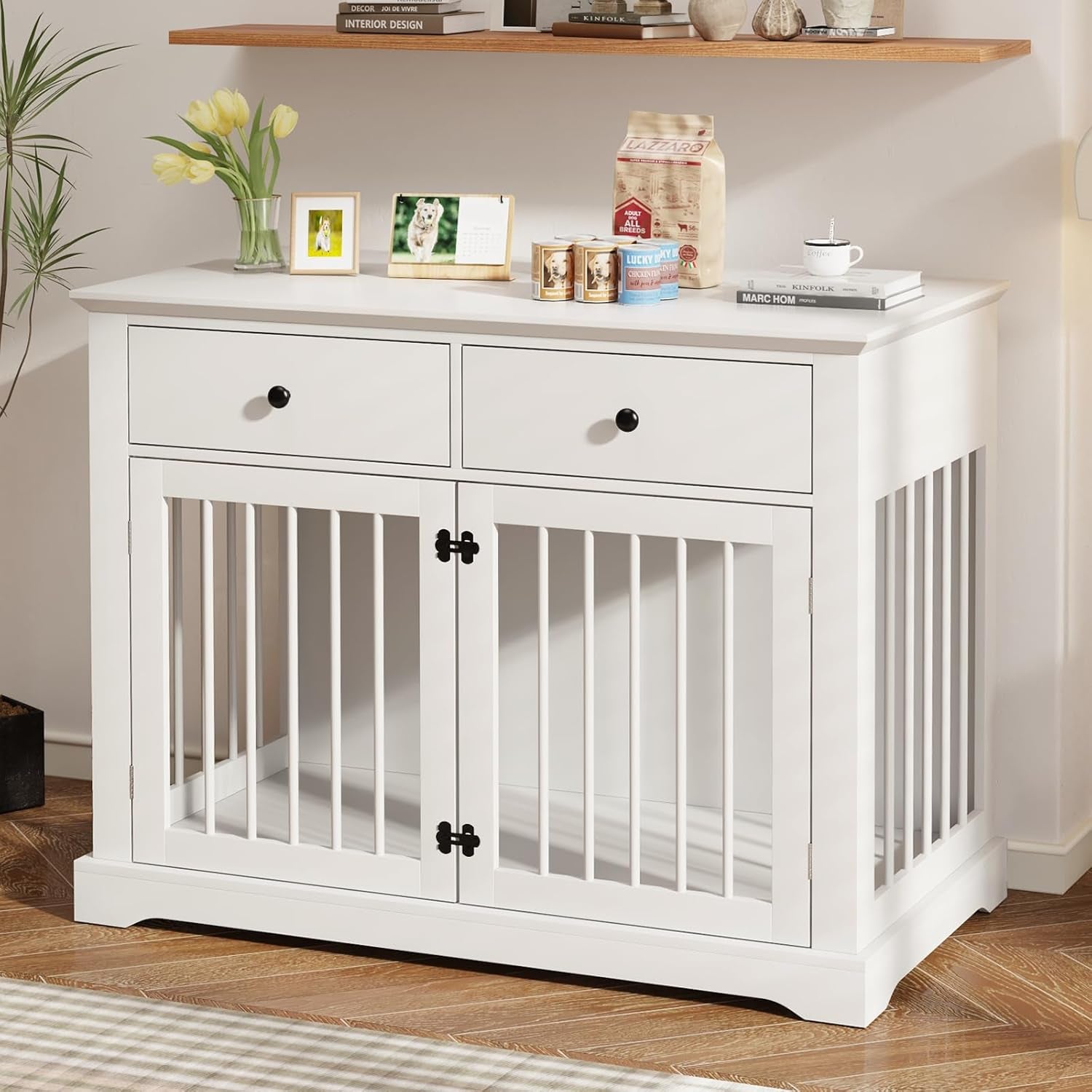Dog Crate Furniture, Wooden Dog Kennel Furniture Indoor with 2 Storage Drawers, 44 Inch Heavy Duty Large Dog Crate Furnitures, Dogs Cage & Crate Furniture for Small Medium Large Dogs, White
