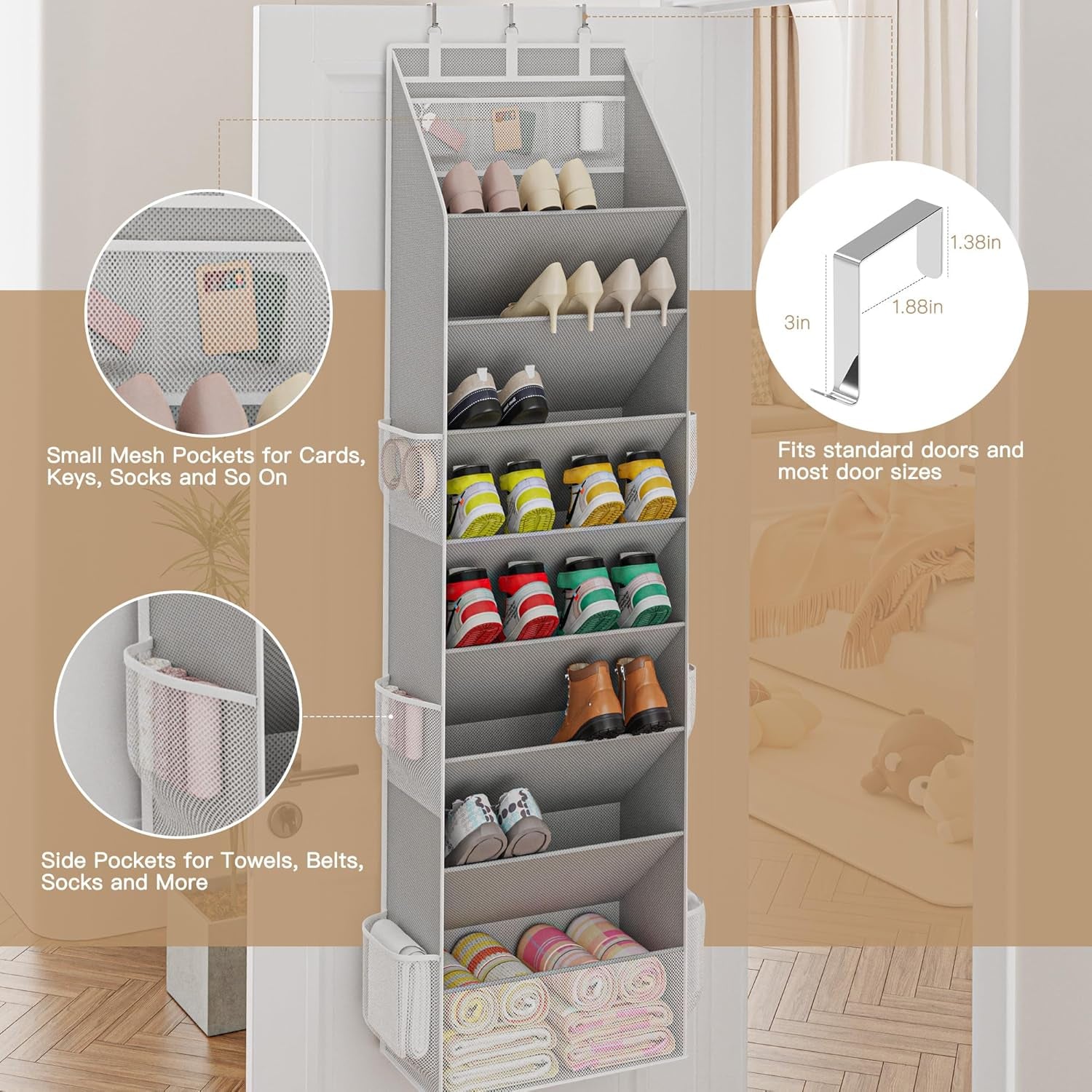 Shoe Organizer, over the Door Shoe Organizer, Hanging Closet Shoe Storage with Large Deep Pockets, Fits 16–24 Pairs of Sneakers, Sandals, Boots, Gray