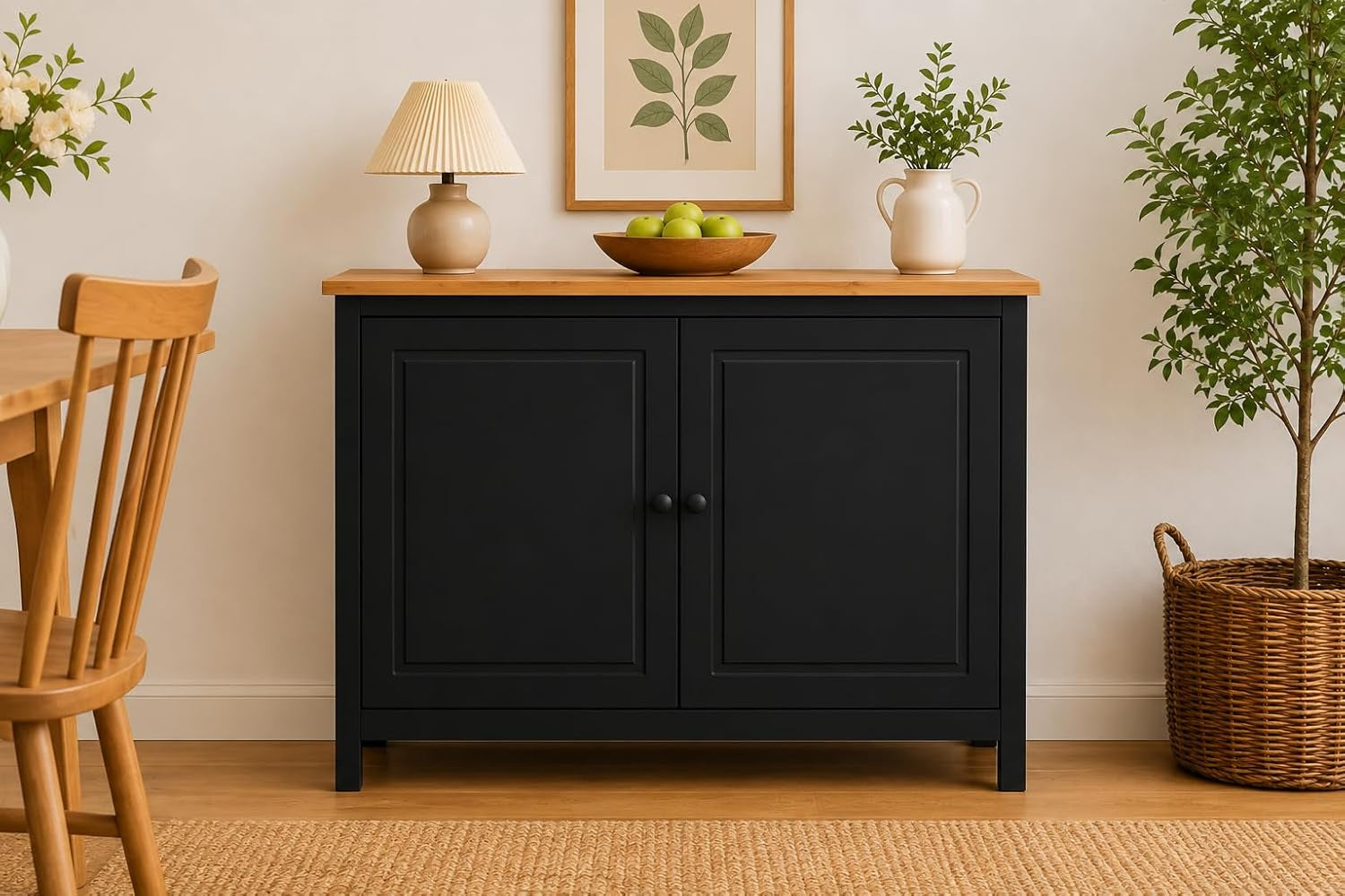 44" Wide Black & Pine Top Solid Pine Shaker Sideboard Buffet Cabinet — 2 Doors Adjustable Shef — No Drawer · Anti-Tip Included — Two-Tone Modern Finish