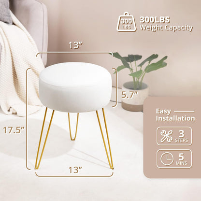 Vanity Stool, White Vanity Stools for Makeup Room, round Ottoman Foot Stool, Velvet Footrest Vanity Chair for Bathroom Vanity, Bedroom, Living Room, Entryway, Offices