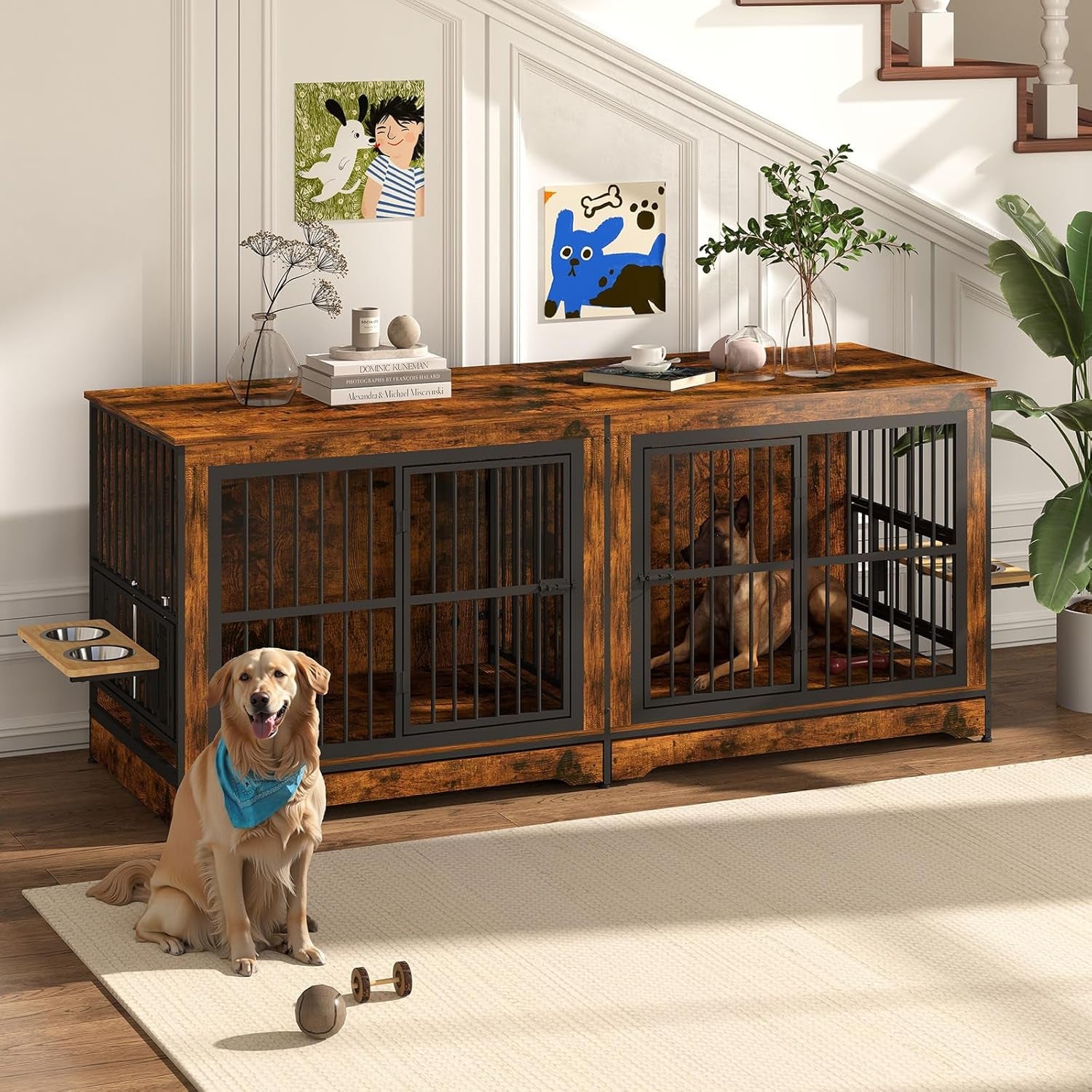 78'' Dog Crate Furniture for 2 Dogs, Double Dog Crate Furniture with 4 Bowls, Dog Kennel as TV Stand with 360° Rotating and Adjustable Height Bowl Holder