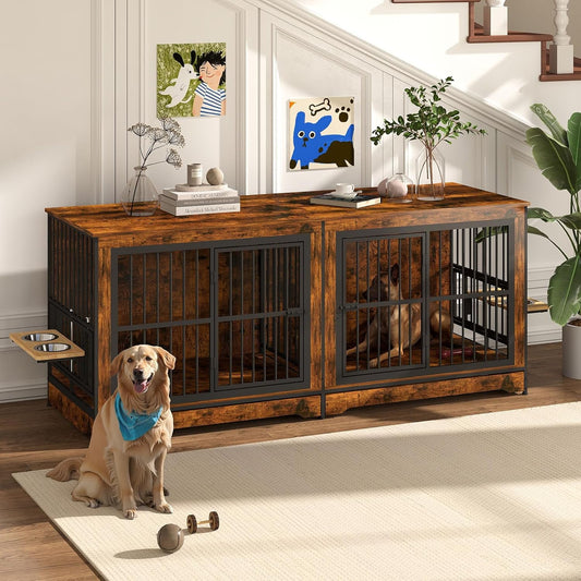 78'' Dog Crate Furniture for 2 Dogs, Double Dog Crate Furniture with 4 Bowls, Dog Kennel as TV Stand with 360° Rotating and Adjustable Height Bowl Holder