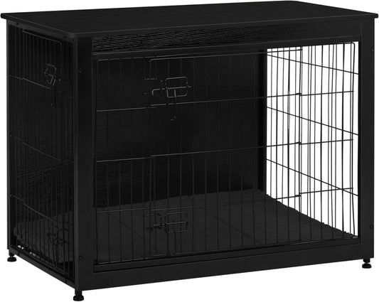 Dog Crate Furniture with Cushion, Wooden Kennel Table with Double Doors, Indoor Dog House, Large Size, 38.5" L, Black
