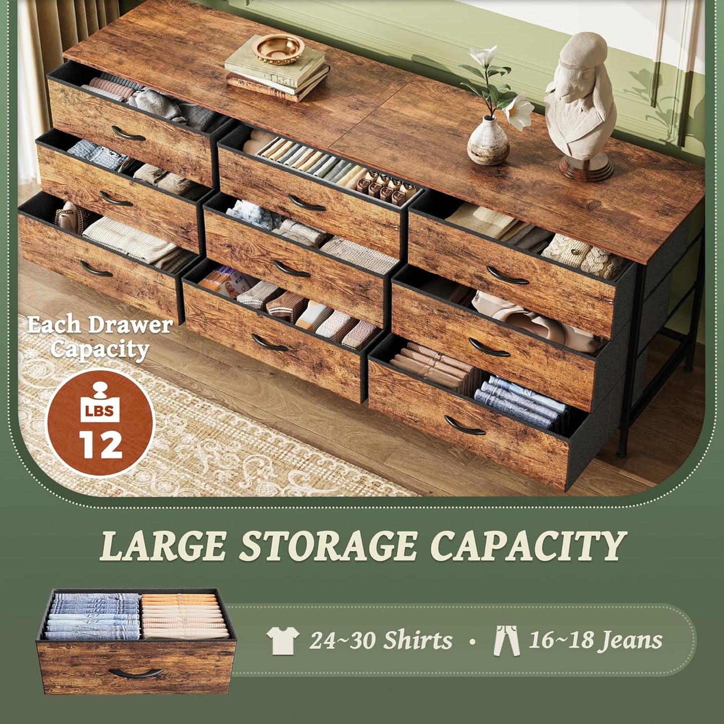 63 Inch Dresser for Bedroom, Dresser for Closet with 9 Drawers, Large TV Stand for 55, 65, 70 Inch TV, Entertainment Center with Storage, Wide Long Chest of Drawers, Rustic Brown