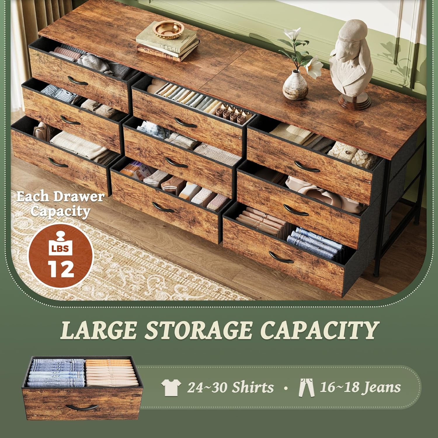 63 Inch Dresser for Bedroom, Dresser for Closet with 9 Drawers, Large TV Stand for 55, 65, 70 Inch TV, Entertainment Center with Storage, Wide Long Chest of Drawers, Rustic Brown