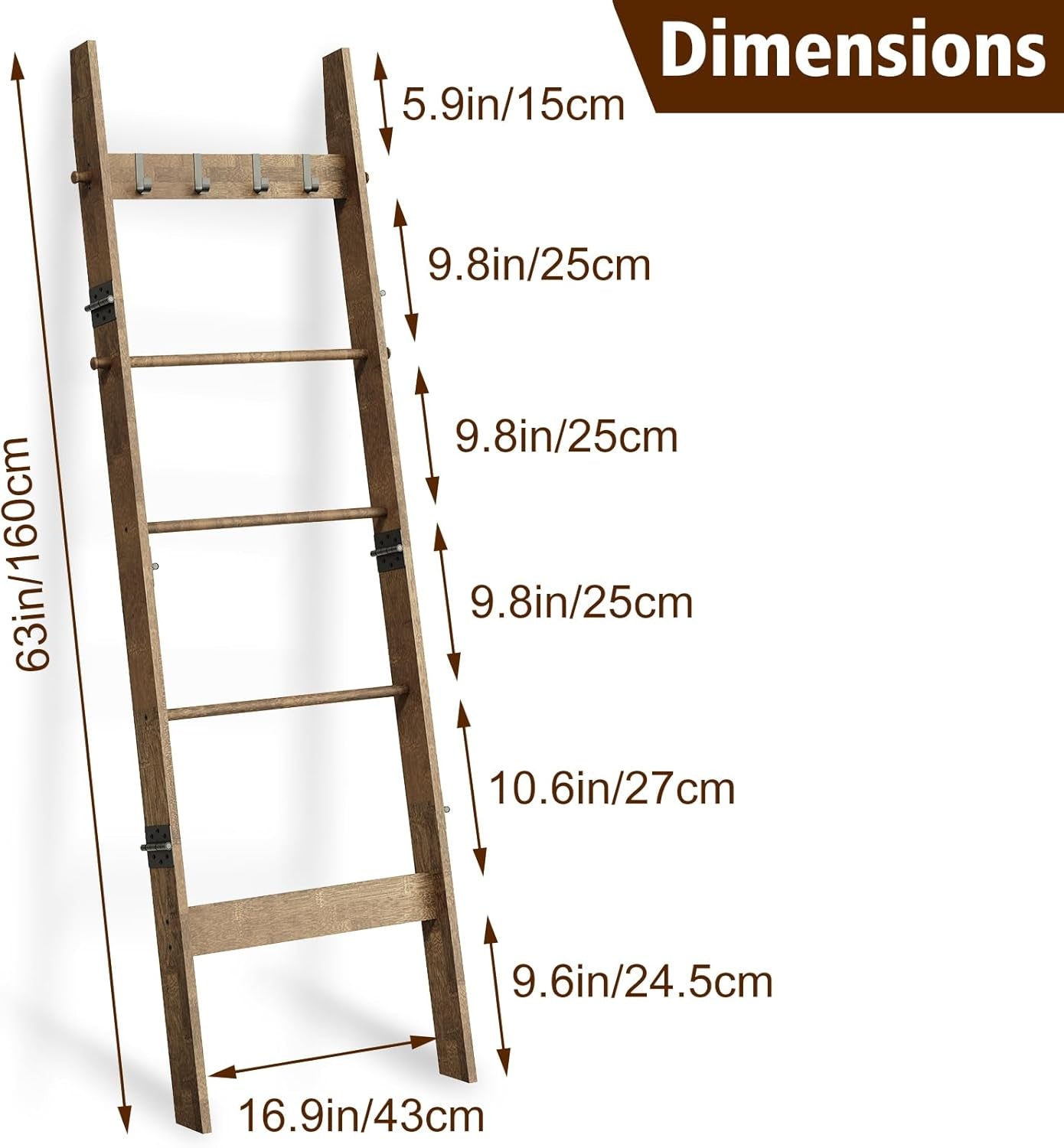 5-Tier Bamboo Ladder Shelf, Farmhouse Style Blanket Ladder, Rustic Decorative Ladder with 4 Removable Hooks, Brown