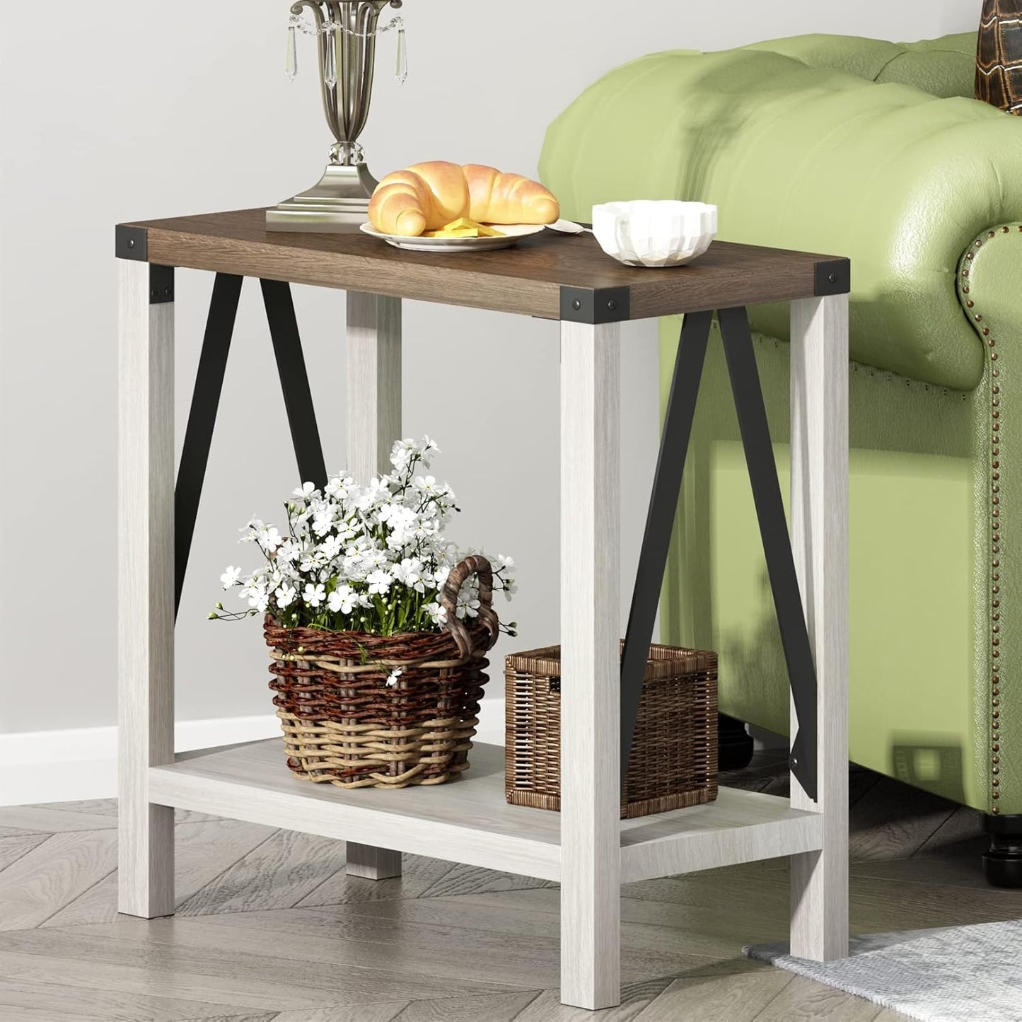 Farmhouse End Table for Small Spaces, Narrow Side End Table with Storage Shelf, Rustic A-Design Nightstand Sofa Table for Living Room, Bedroom (White & Brown)