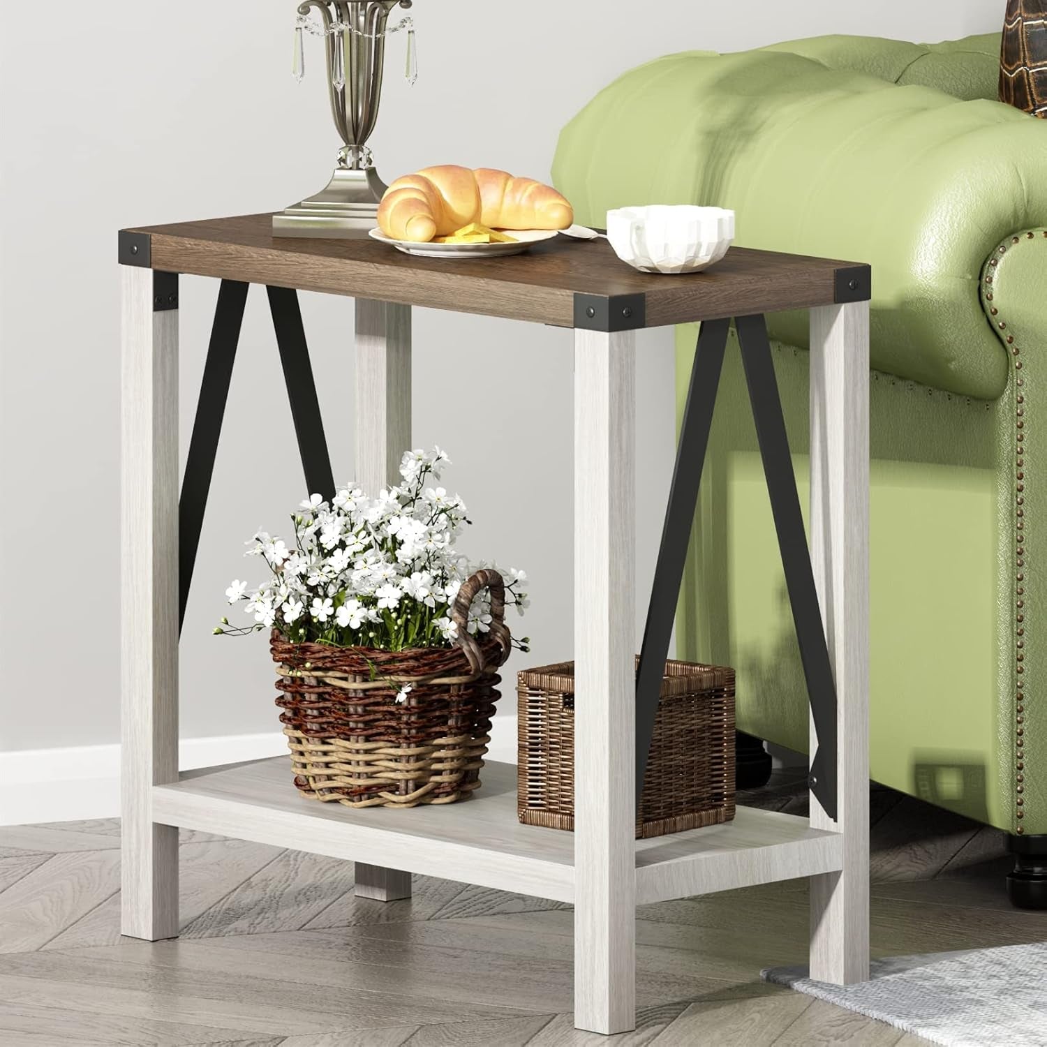 Farmhouse End Table for Small Spaces, Narrow Side End Table with Storage Shelf, Rustic A-Design Nightstand Sofa Table for Living Room, Bedroom (White & Brown)