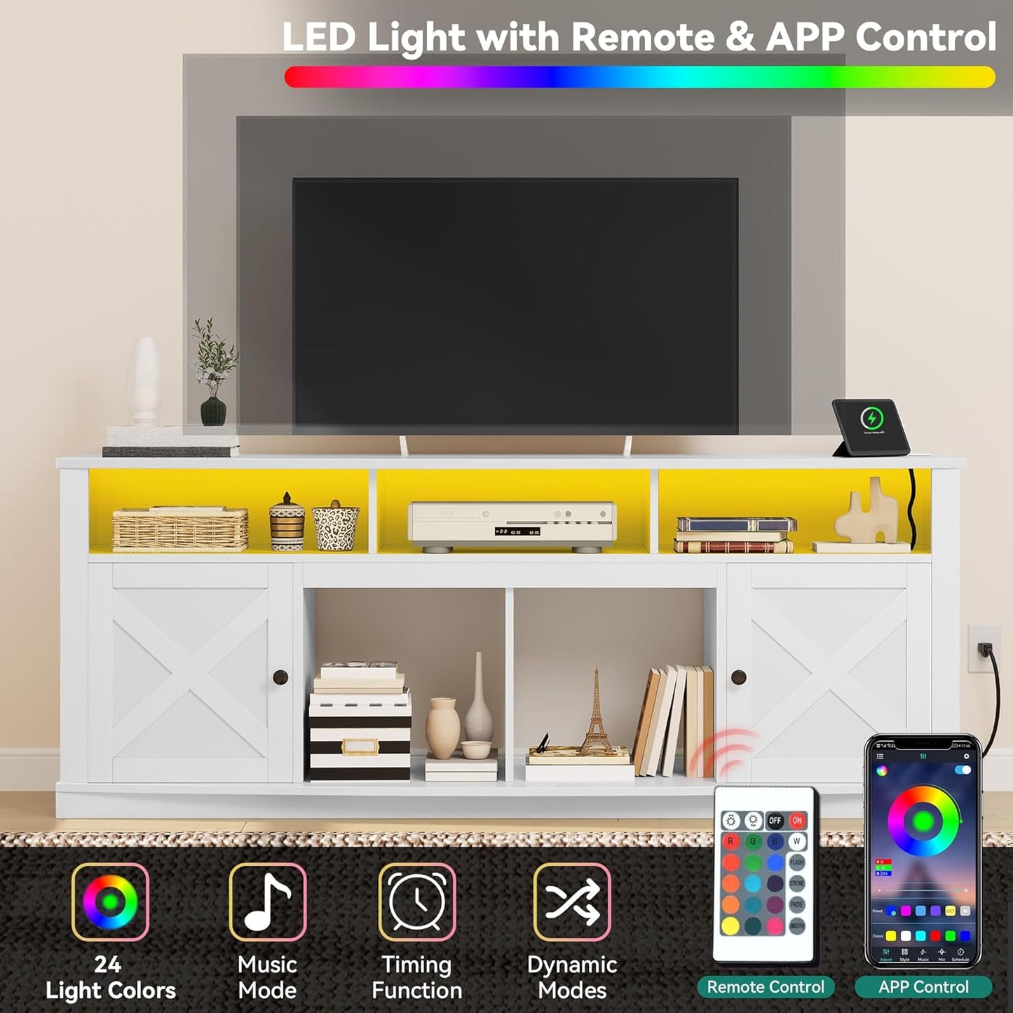 TV Stand for 75/80 Inch TV, White Entertainment Center 70 Inches Wide, Media Furniture TV Table with with Power Outlet, TV Consoles for Living Room, Curved Desktop