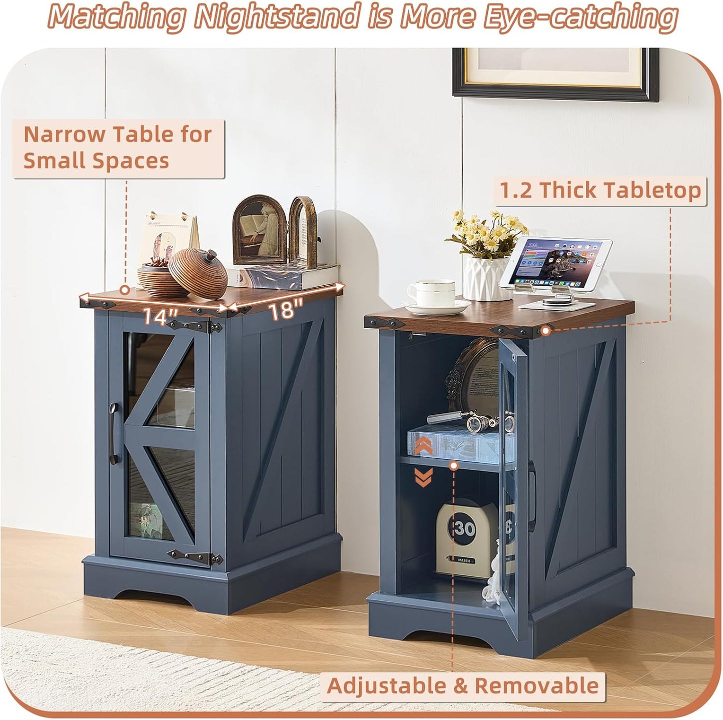 Narrow Night Stand for Small Spaces, Farmhouse Side End Table with Glass Barn Door Storage, Navy Blue Bedside Tables, Nightstand Cabinet Organizer for Living Room Bedroom