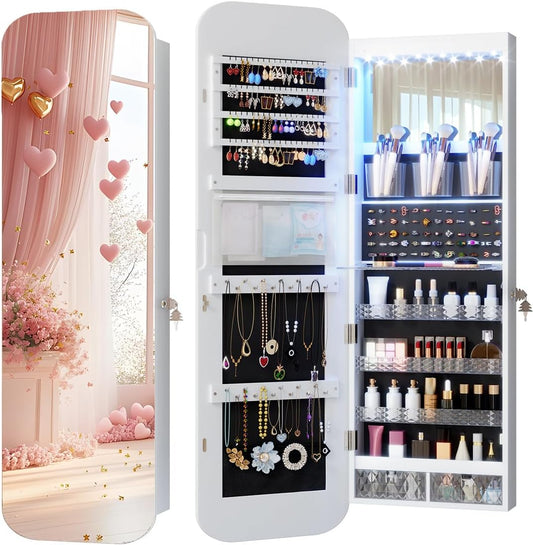 6 Leds Mirror Jewelry Cabinet Door Hanging, 47.2" Wall Mounted Jewelry Cabinet, Lockable Full Length Mirror with Storage, Rounded Corner Mirror Jewelry Organizer, 2 Drawers, White