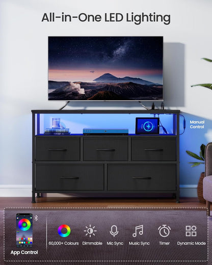 BELLAH Collection - Dresser for Bedroom with App-Controlled LED Lights and Charging Station, Chest of Drawers, TV Stand, 5 Drawers, Shelf, Modern, Ink Black ULGS723BH02S