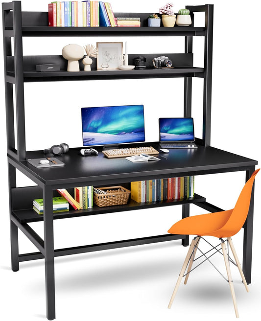 Computer Desk with Hutch and Bookshelves, Large Leg Room 47 Inch Width Black Desk with Space Saving Storage Shelves for Home Office,Study, Work, Easy Assemble