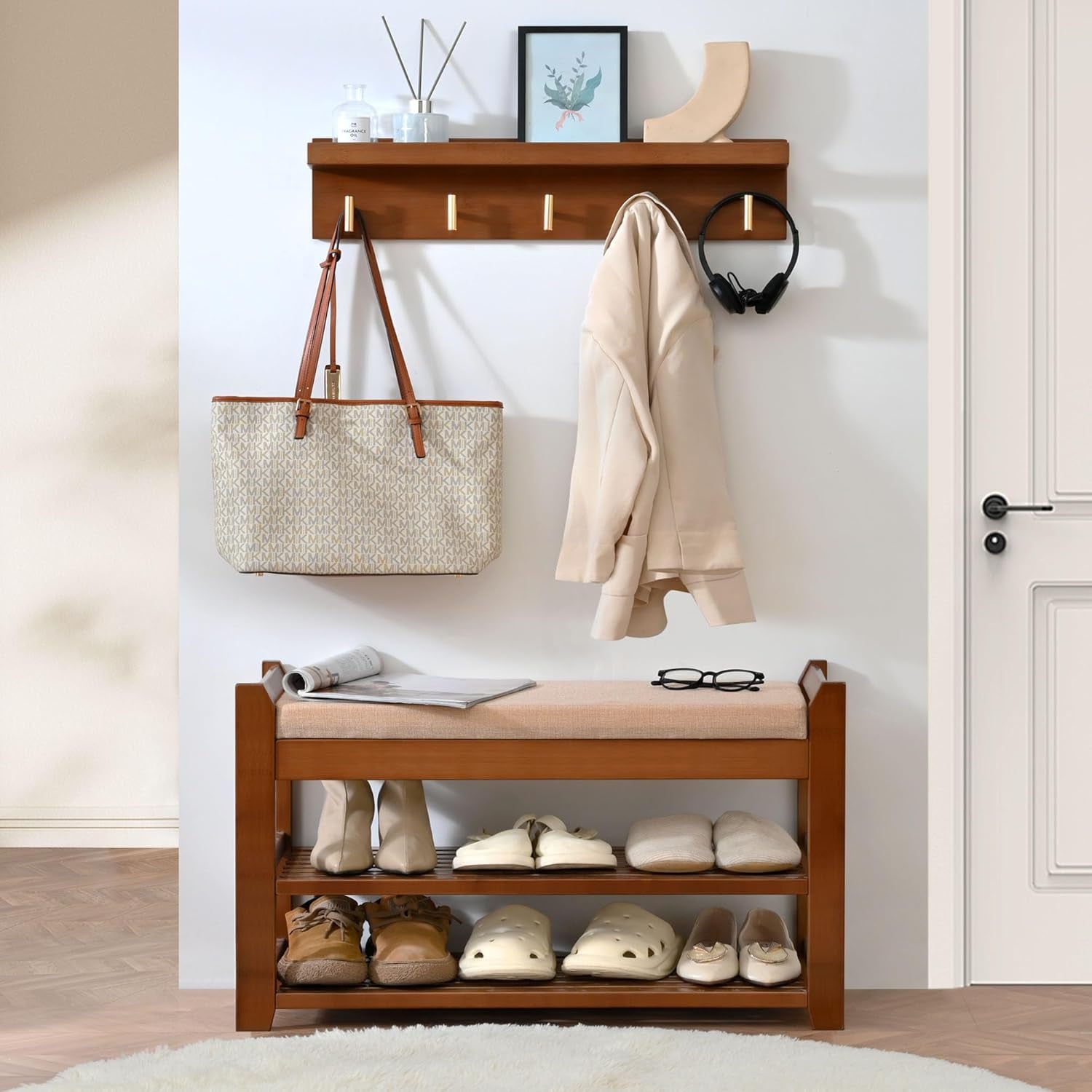 Shoe Rack for Front Door Entrance, 28” Entryway Bench with Coat Rack, Hall Tree Shoe Bench with Storage for Entry, Hallway, Bedroom, Living Room