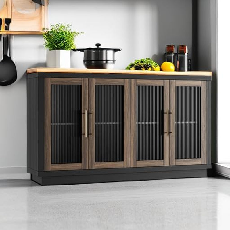 Buffet Cabinet with Storage, 55.1" Large Sideboard Buffet Table, Modern Sideboard Kitchen Cabinet with 4 Fluted Glass Doors, Wood Coffee Ba for Kitchen Dining Room, Black/Brown