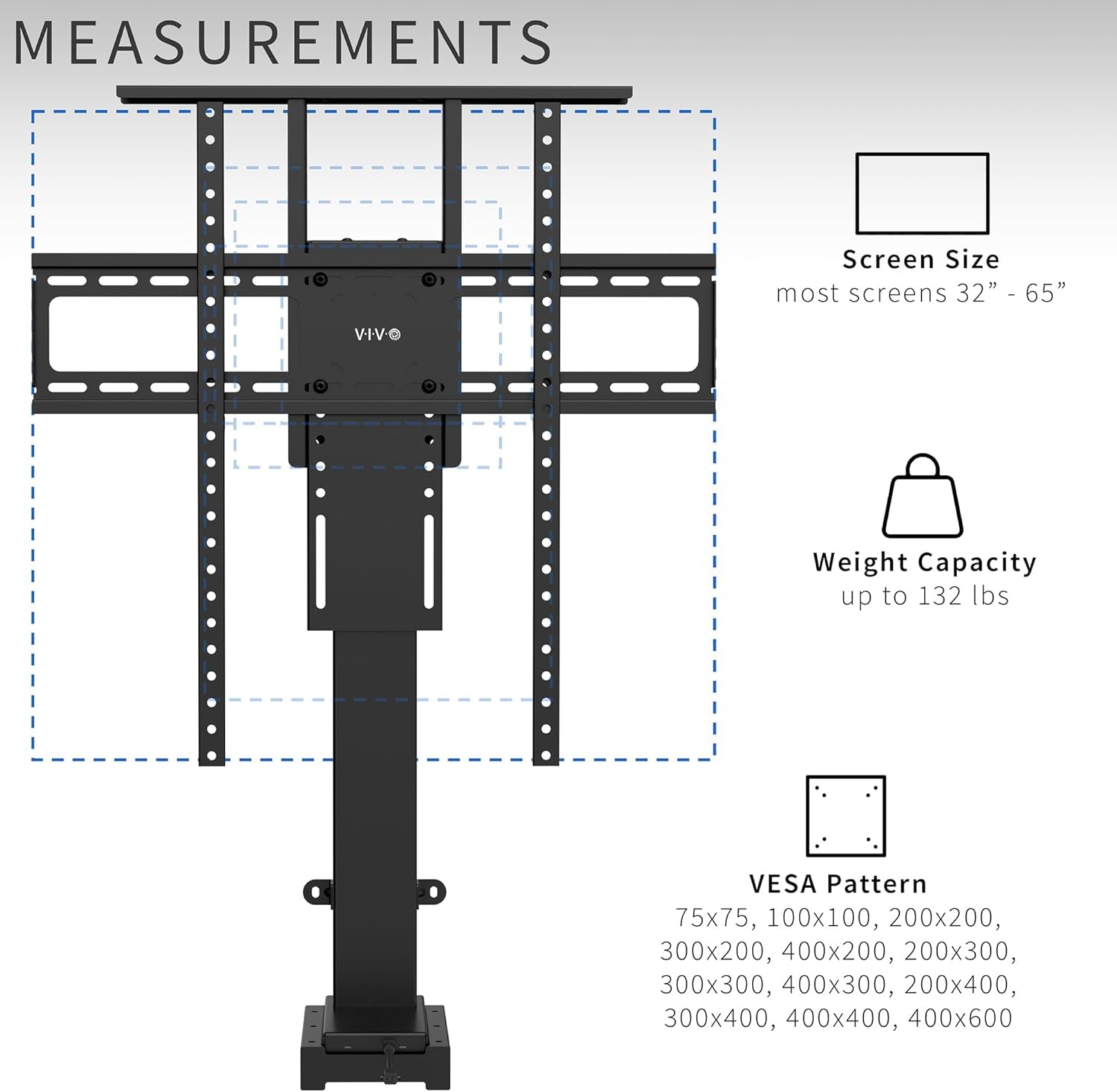 Motorized TV Stand for 32 to 65 Inch Screens, Vertical Lift Television Stand with Remote Control, Compact TV Mount Bracket, MOUNT-E-UP65A
