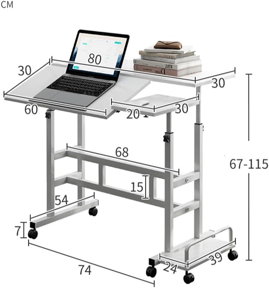 Portable Standing Desk Adjustable Height 26.4"-61", Mobile Computer Desk with Wheels, Tiltable Top & CPU Stand, Rolling Laptop Table Cart for Home Office, White