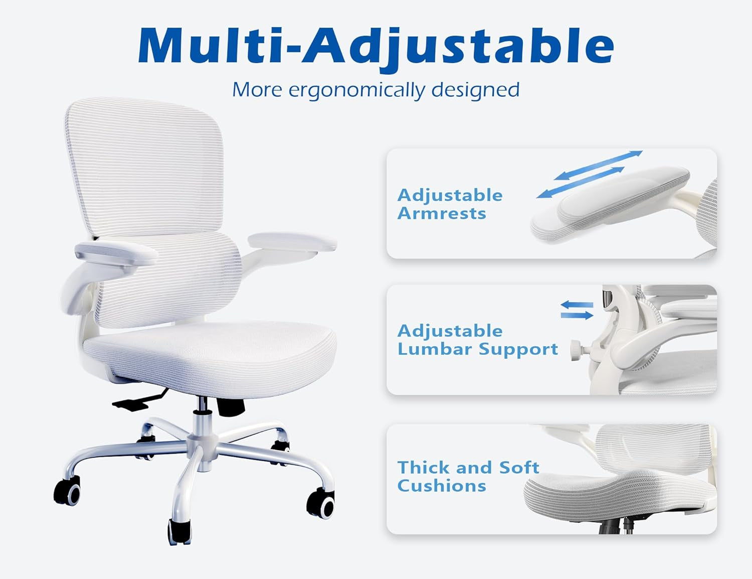 Ergonomic Office Chair - Desk Chair with Adjustable Lumbar Support Computer Chair - Mesh Comfy Chair with Flip-Up Armrests - Gaming Chairs for Adults Home Office (Leather, White)