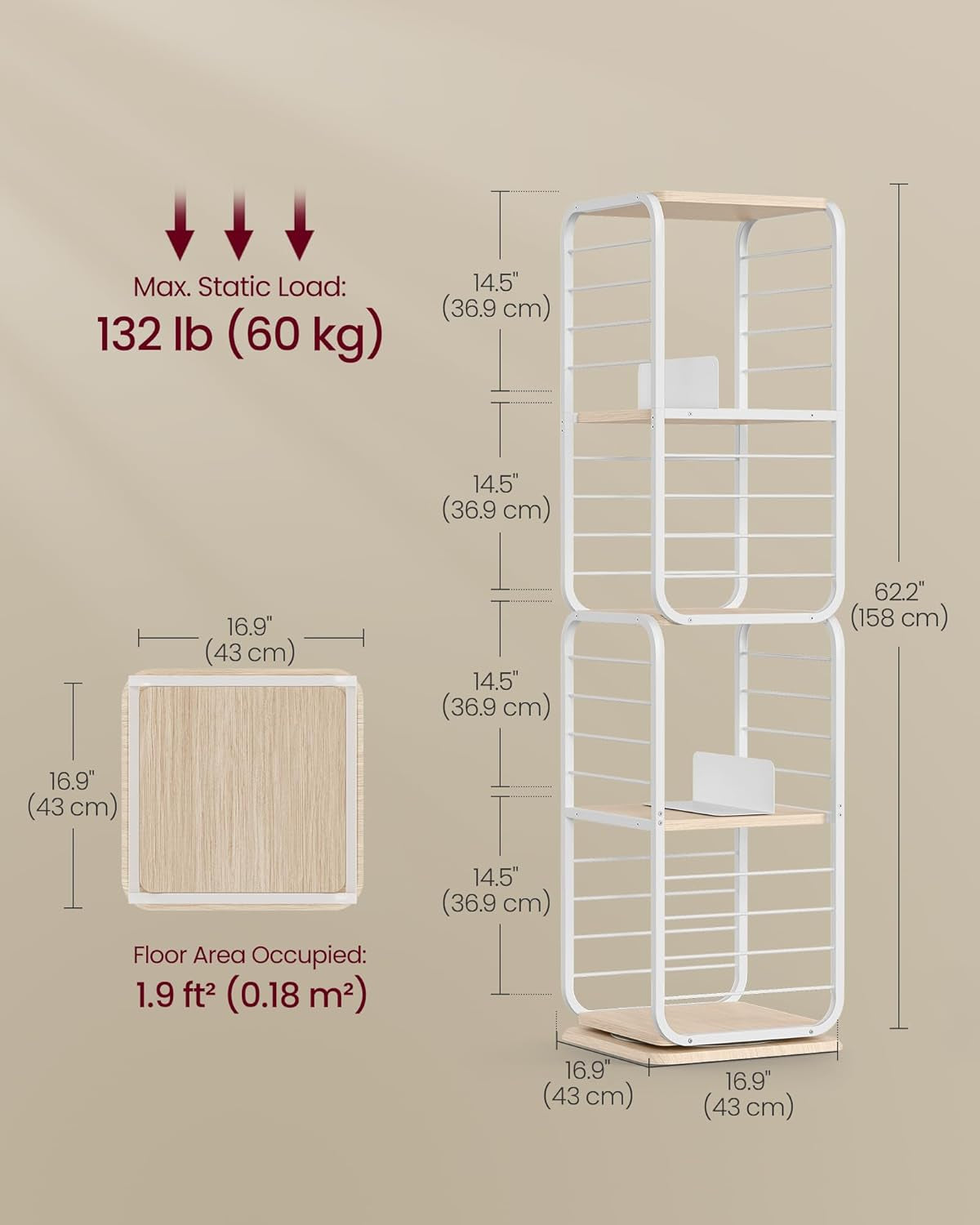 4-Tier Rotating Bookshelf, Bookcase with Bookends for Small Spaces, Corner Shelf, Steel Frame, Natural Beige and Cloud White ULLS127W67