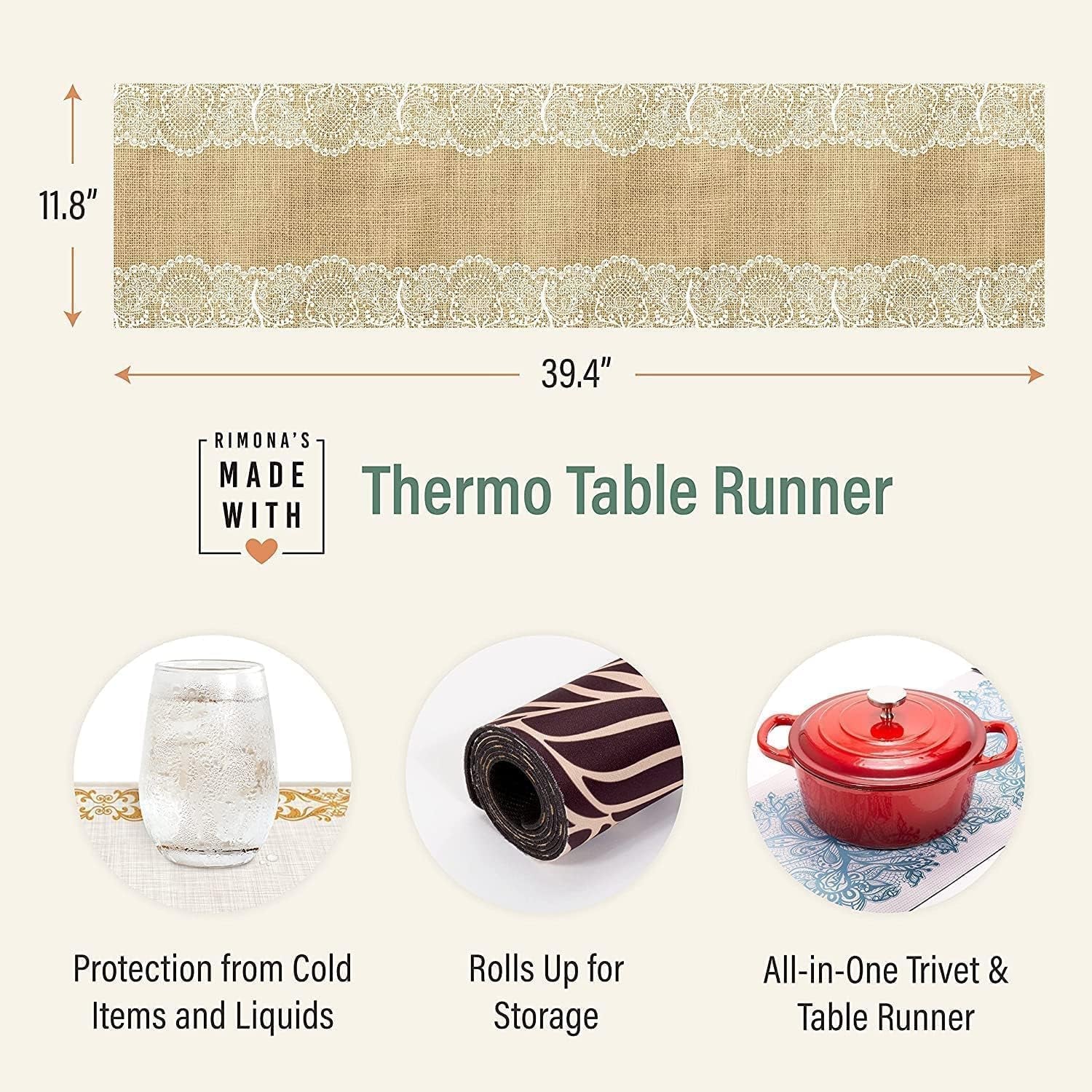 Thermo Heat Resistant Table Runner and Trivet for Hot Dishes - Waterproof Hot Plates to Protect Table and Countertop - Kitchen & Dining 350F Heat Protector 40" - White Golden Marble