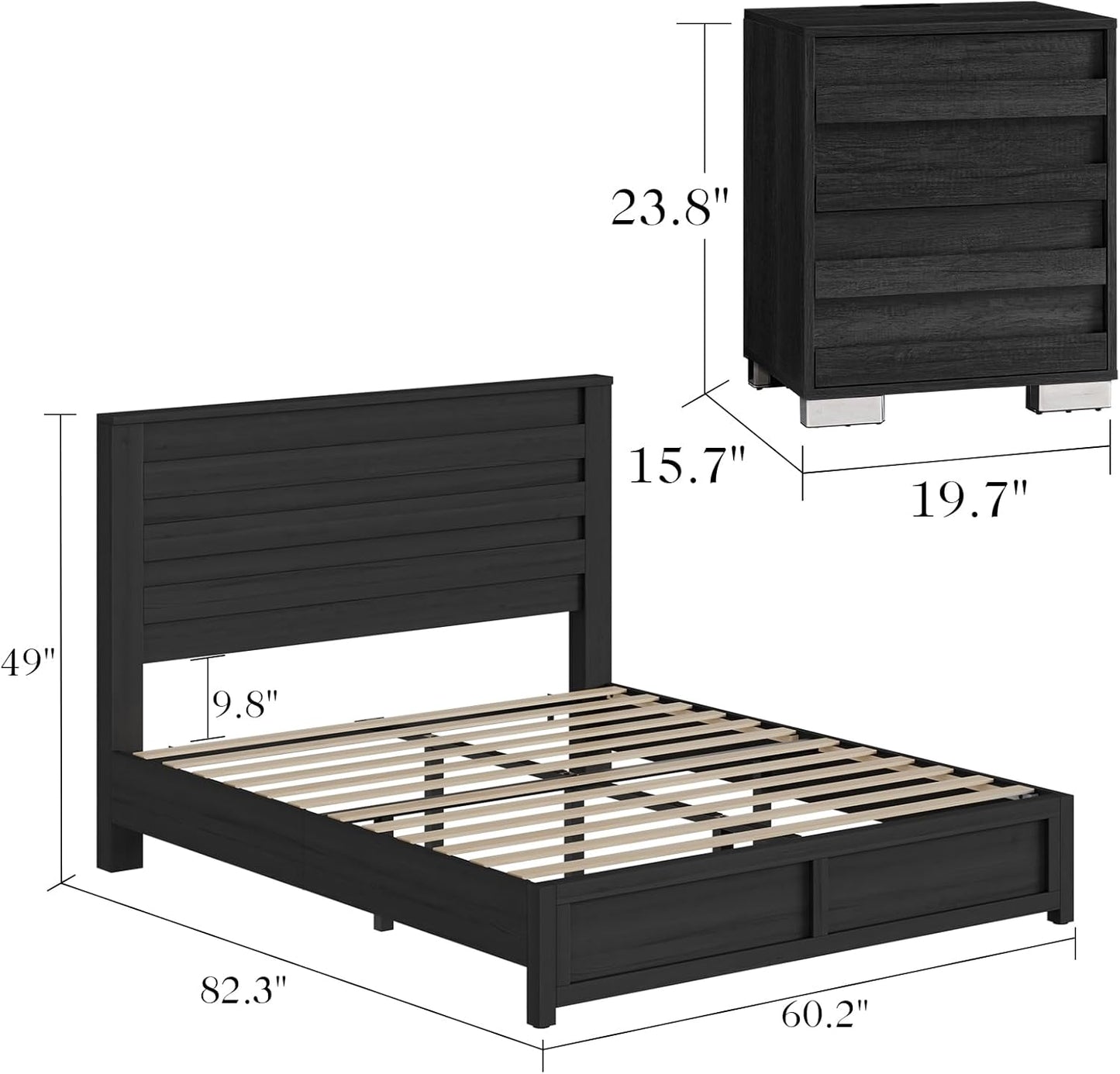 3-Piece Bedroom Set, Including Farmhouse Queen Size Bed Frame with Flutted Headboard, Nightstands Set of 2 with Charging Station, Black