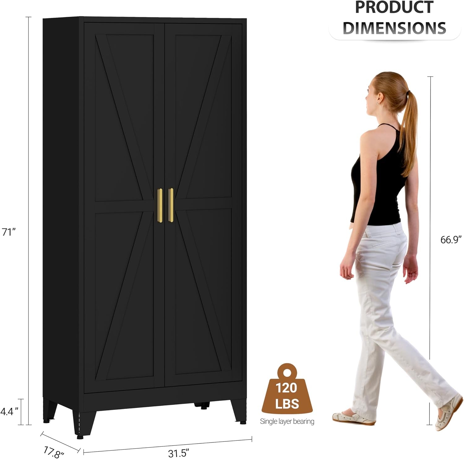 Metal Armoire Wardrobe Closet with Doors and Shelves, 71" Tall Metal Wardrobe Closet with Hanger Rod and Clothing Shelf, Black Farmhouse Bedroom Armoire Steel Storage Cabinet for Bedroom