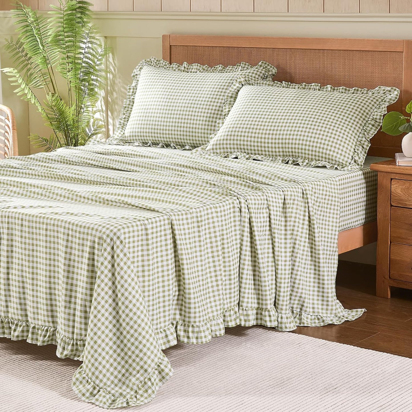 Gingham Queen Sheet Set, Lightweight Super Soft Brushed Microfiber Plaid Bed Sheets with 16" Deep Pocket, 4 Piece Ruffle Farmhouse Bedroom Decor, Sage Green