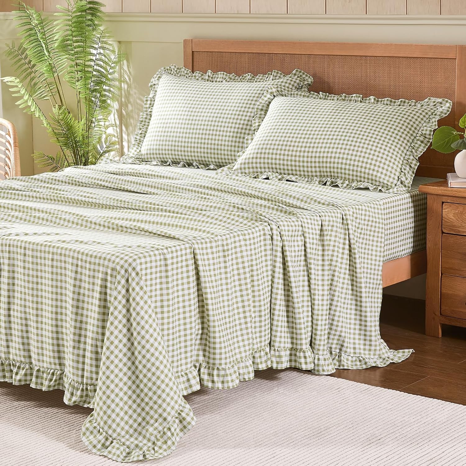 Gingham Queen Sheet Set, Lightweight Super Soft Brushed Microfiber Plaid Bed Sheets with 16" Deep Pocket, 4 Piece Ruffle Farmhouse Bedroom Decor, Sage Green