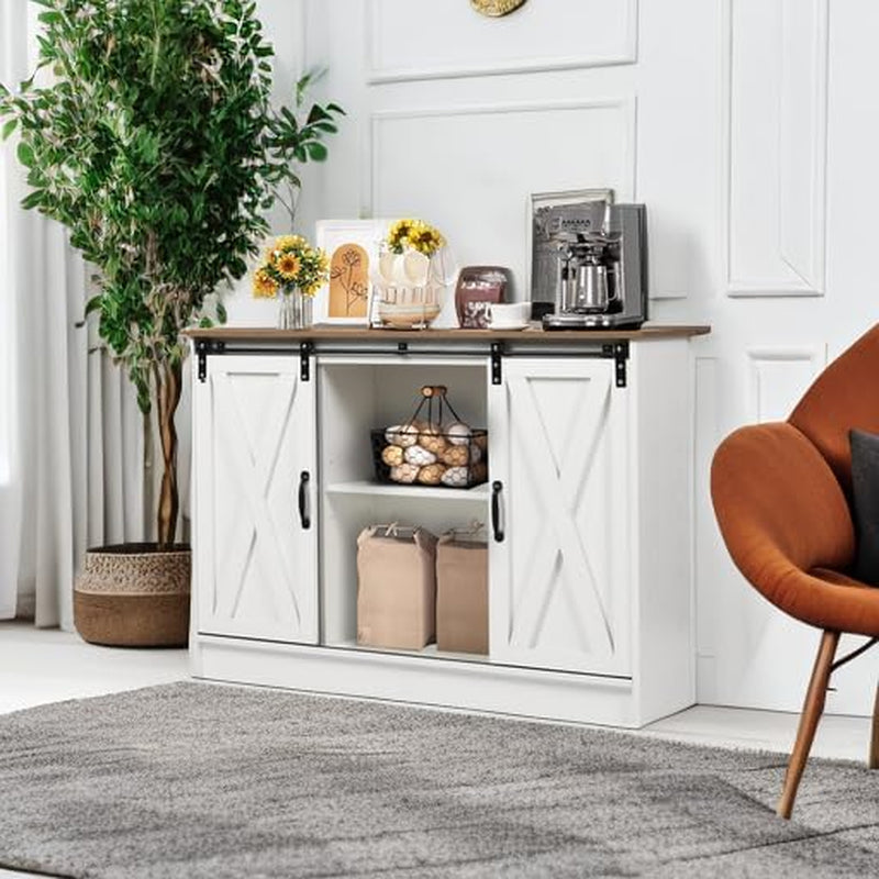Coffee Bar Cabinet with Sliding Barn Doors, 42”Farmhouse Buffet Cabinet with Storage for Kitchen, Coffee Bar with Adjustable Shelf for Dining Room, White