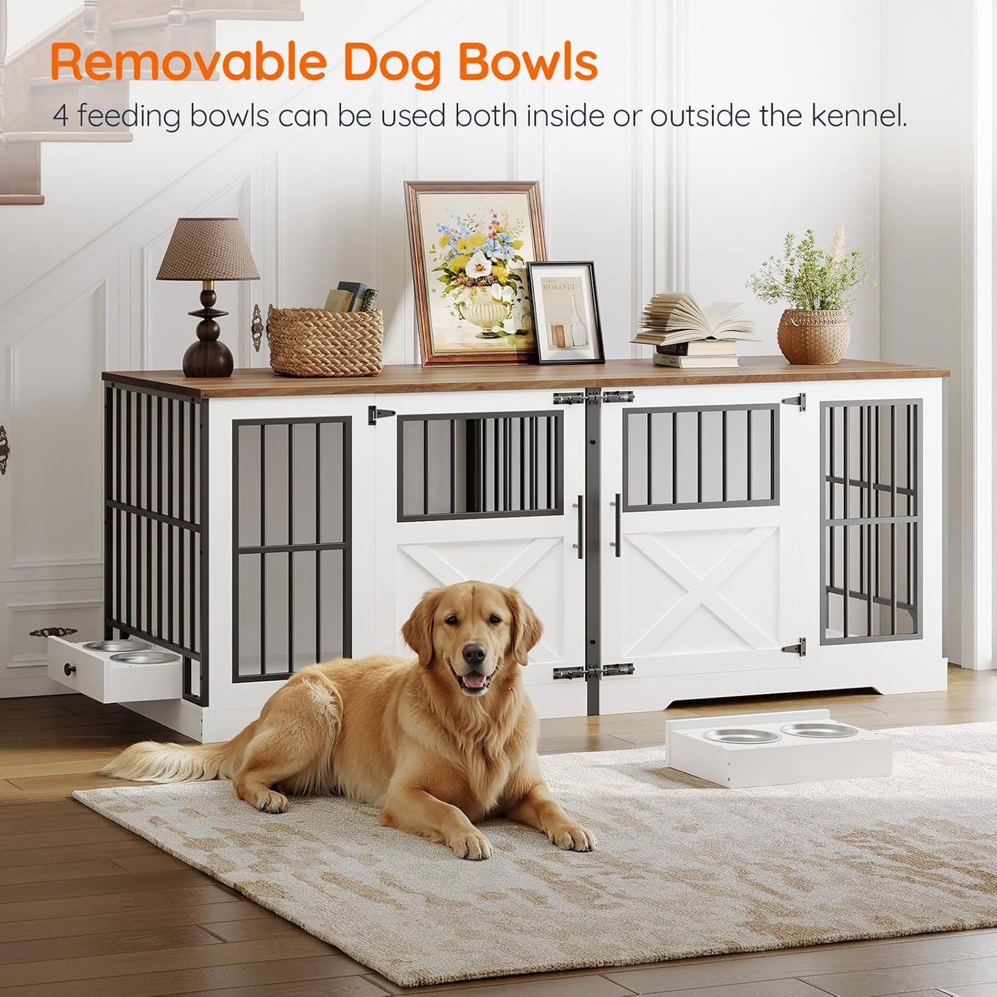 72'' Dog Crate Furniture for 2 Dogs, Extra Large Farmhouse Dog Kennel with Removable Divider, Pull-Out Dog Bowls, Heavy Duty Dog Crate TV Stand, White and Walnut BWH82GW03