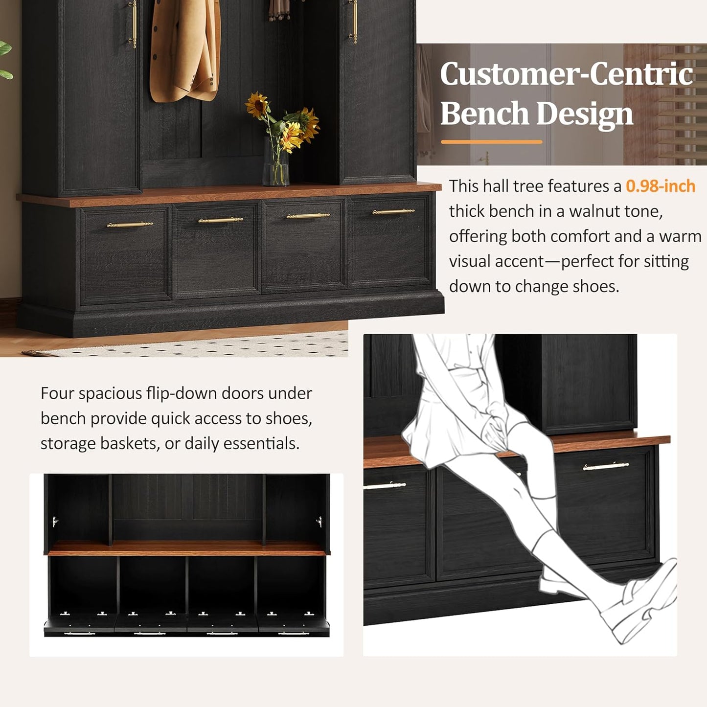 59" Farmhouse Hall Tree with Golden Hooks & Walnut Bench, Entryway Organizer with Adjustable Shelves, Shoe Storage, Anti-Tip for Mudroom, Living Room, Black