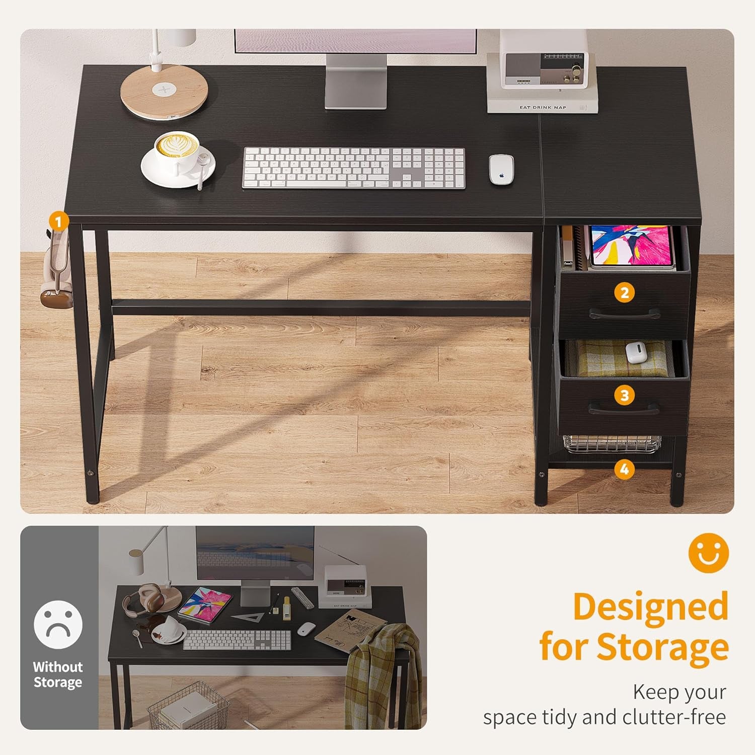 Computer Desk with 2 Drawers, 40 Inch Small Home Office Desk with Storage Study Writing Table, Modern Black
