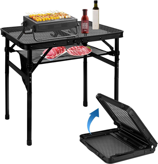 Folding Grill Table, Height Adjustable Aluminum Table with Mesh Desktop and Mesh Bag, Portable Grill Table for Outdoor Camping, Picnic, Patio, Dining, BBQ, Party, Black, 23.6×15.7 Inch