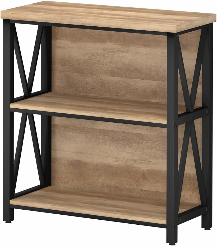 Small Bookcase, Wood and Metal Low Short Bookshelf, Industrial Book Case and Rustic Book Shelf for Small Space (Rustic Oak)