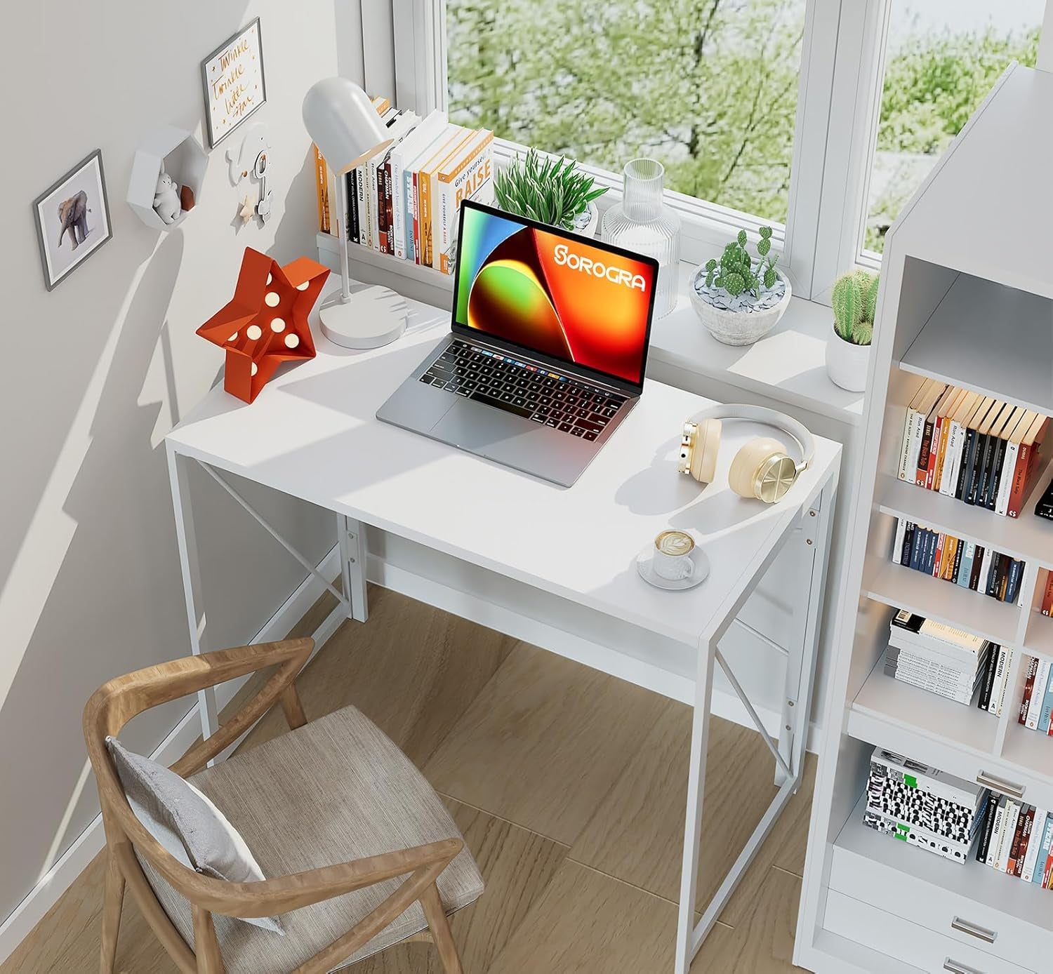 Folding Desk 31.5 Inch Foldable Small Portable Computer Desks, Spaces Saving Writing Sturdy Table for Bedroom, Home Office, Dorm, Apartment, Pre Assembled, White