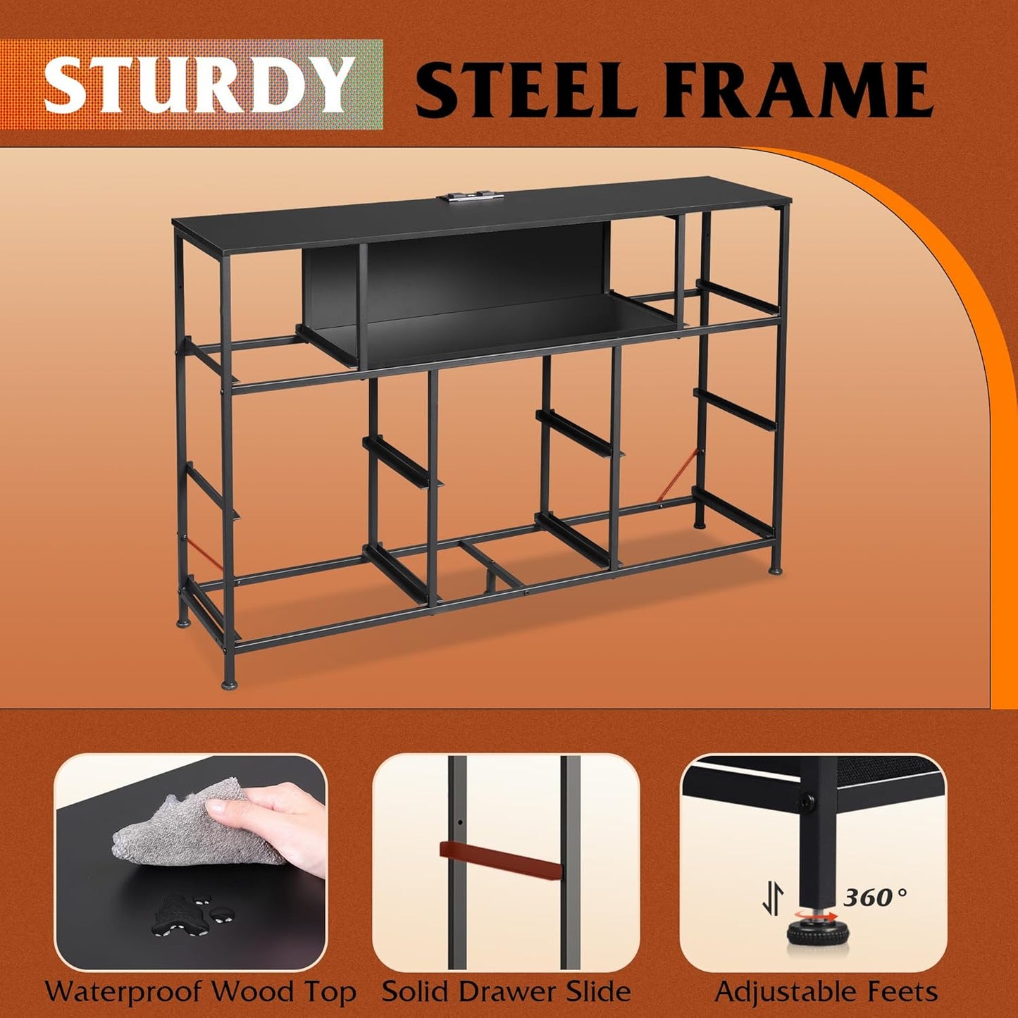 Black Dresser TV Stand for 45, 50, 55 Inch TV, Entertainment Center with LED Lights & Charging Station, Chest of Drawers with 8 Fabric Drawers and Open Shelves for Living Room, Hallway, Wood Top