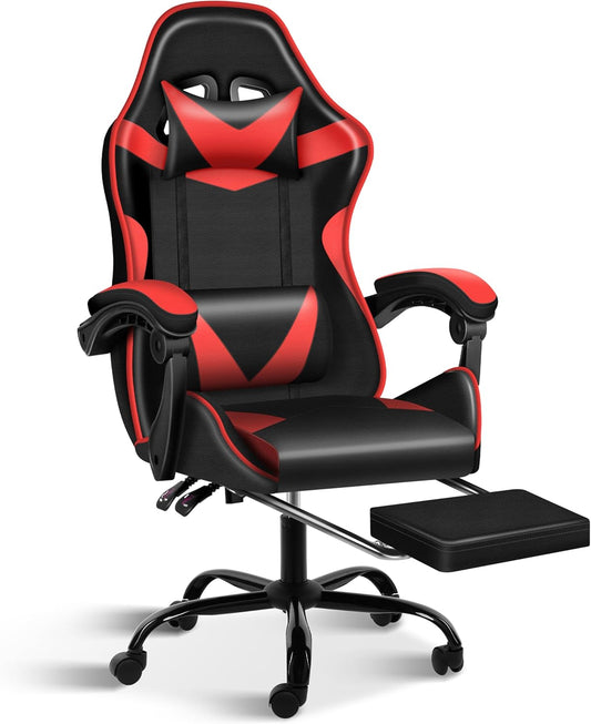 Gaming Chair, High Back Office Computer Desk Chair with Adjustable Lumbar Support, Recliner Swivel Video Game Chair with Footrest, Height Adjustable Seat and Backrest, Black/Red