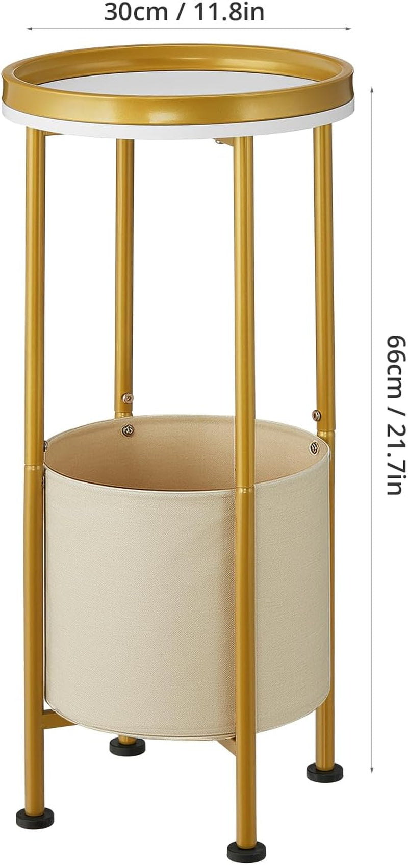 Small round Side Table with Storage Basket, 2-Tier round End Table for Living Room & Bedroom, 26" Tall Nightstand Modern Sofa End Table for Small Spaces (White Gold)
