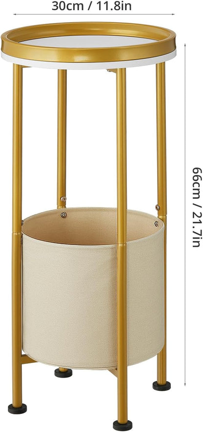 Small round Side Table with Storage Basket, 2-Tier round End Table for Living Room & Bedroom, 26" Tall Nightstand Modern Sofa End Table for Small Spaces (White Gold)