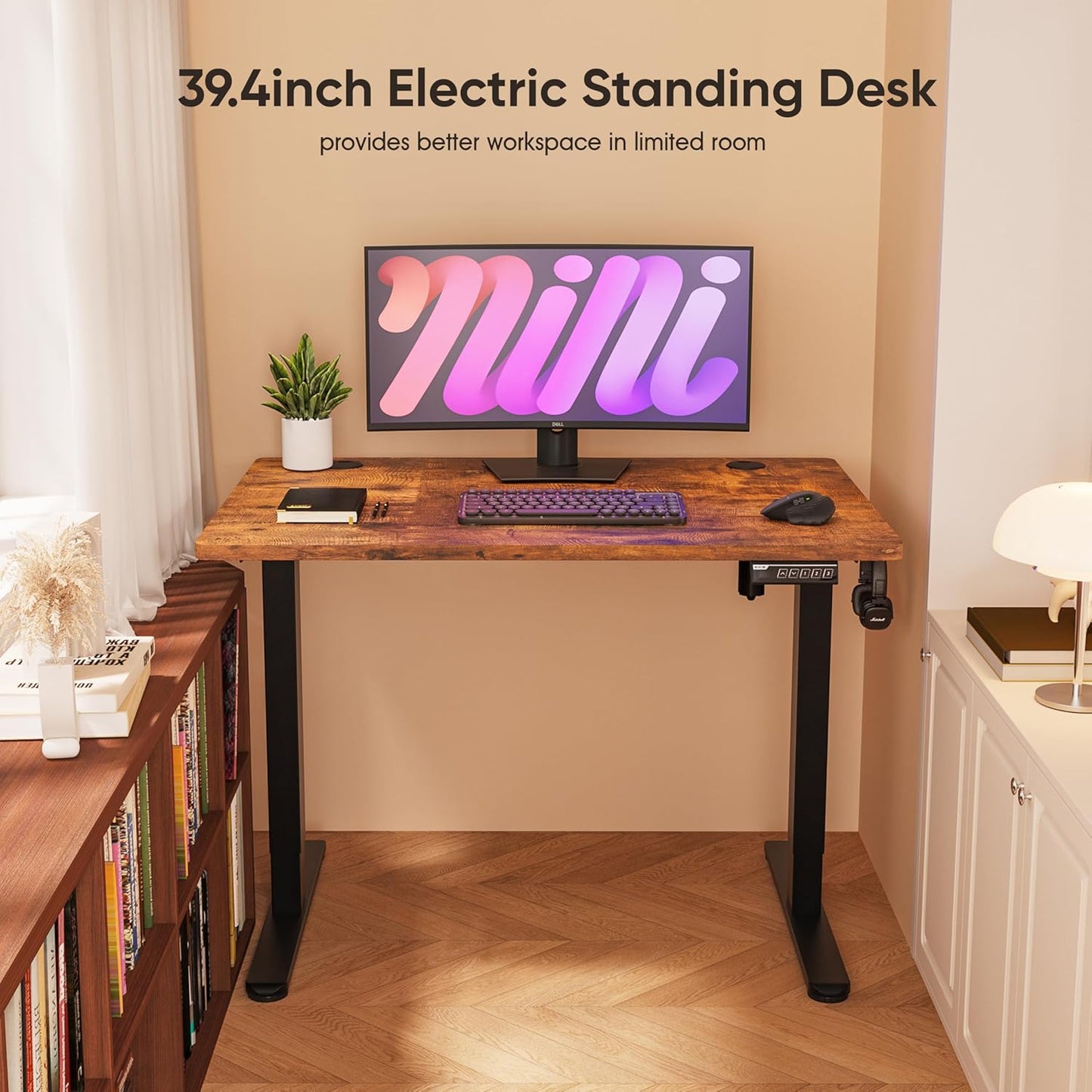 Standing Desk, 39.4'' Small Sit Stand up Rising Desks Height Adjustable Electric Standing Desk with 3 Memory Setting, Ergonomic Home Office Computer Desk Workstation, Rustic Brown