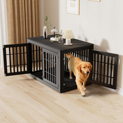 48 Inch Heavy-Duty Dog Crate Furniture, Decorative Wooden End Table Kennel with Waterproof Top & Wide Metal Tubes, for Large & Extra Large Dogs, Black