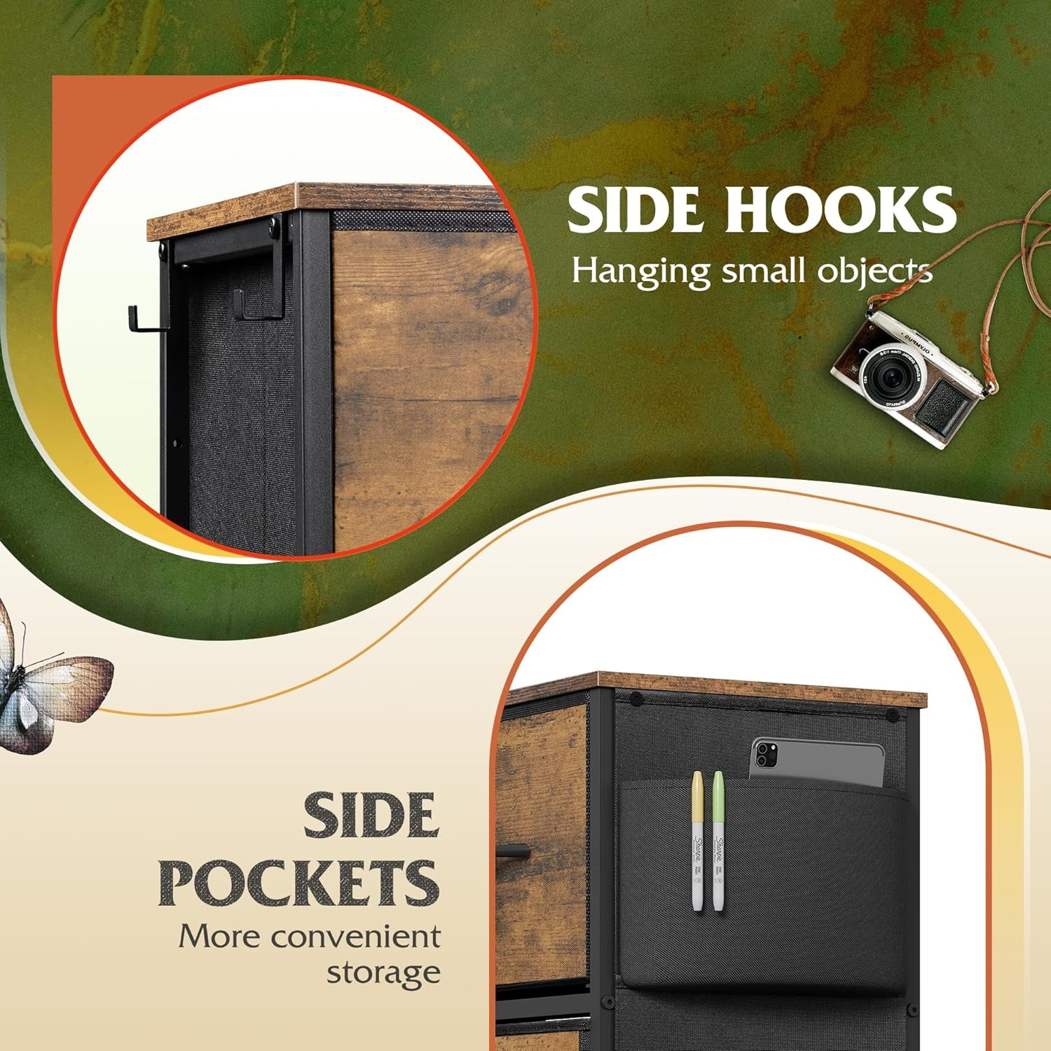 Fabric Dresser for Bedroom with 10 Drawers, Chest of Drawers with Side Pockets and Hooks, Sturdy Metal Frame, Drawers Organizer Unit for Living Room, Hallway, Rustic Brown Wood Grain Print