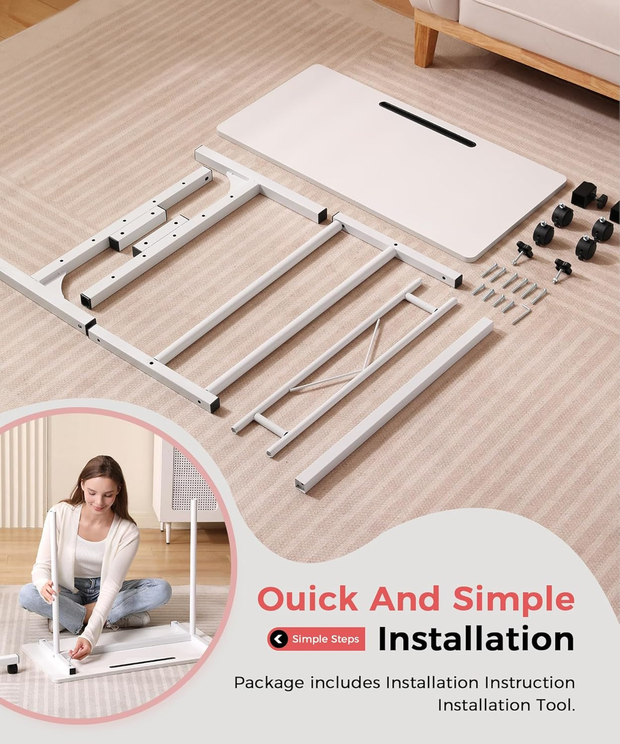 Standing Desk Adjustable Height, Mobile Stand up Desk with Wheels Small Computer Desk Rolling Desk, Portable Laptop Desk White Standing Table Home Office Desks 16"X31.5" Height 27"-43.5"